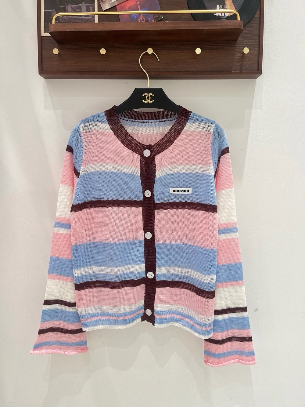 Miu Miu Striped Pastel Button-Front Cardigan in Pink, Blue & Cream